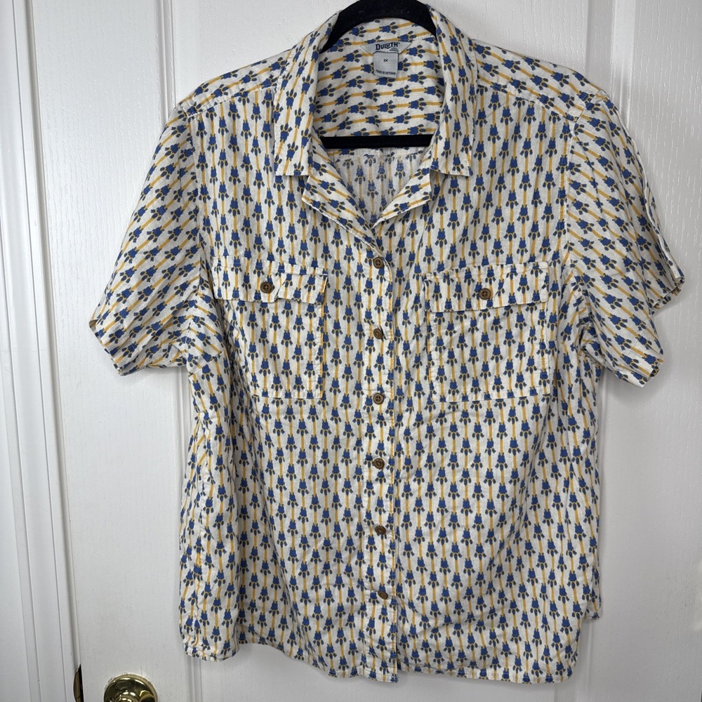Duluth Trading Womens 1X Blue Yellow Ikat Print Short Sleeve Button Up Shirt